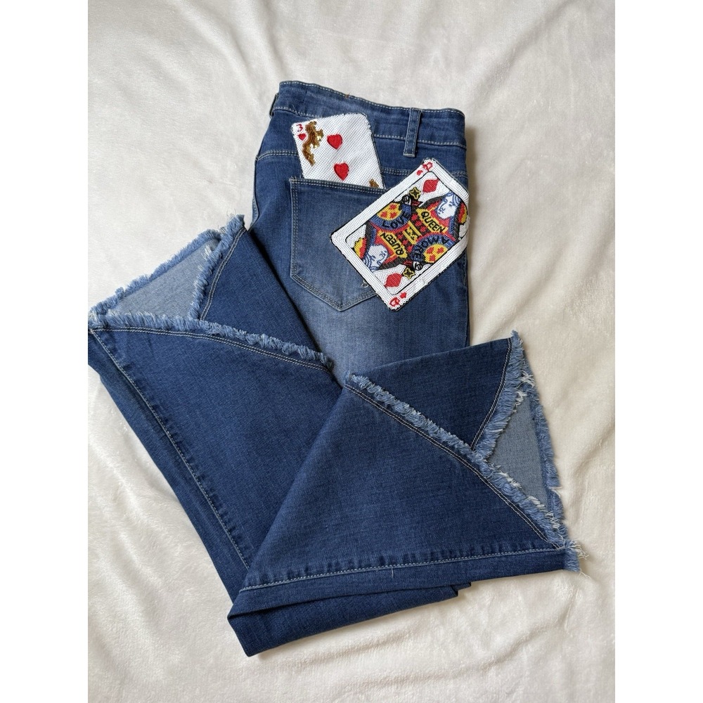 Denimlab Jeans Women 13 Flare Raw Hem Patchwork Y2K Festival Boho Denim